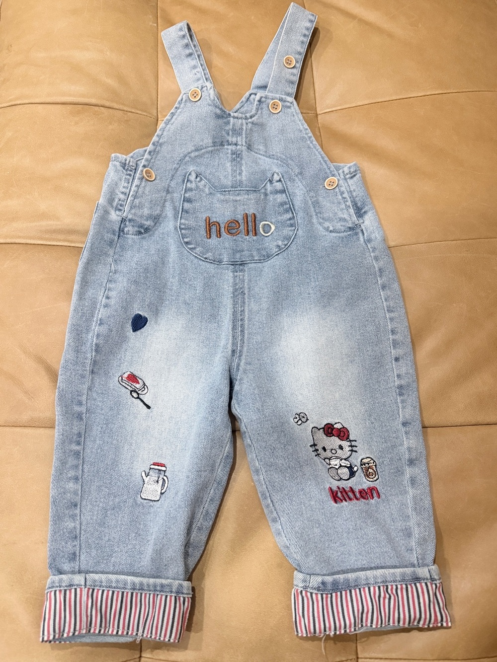 Hello Kitten Light Blue Denim Overalls for Kids